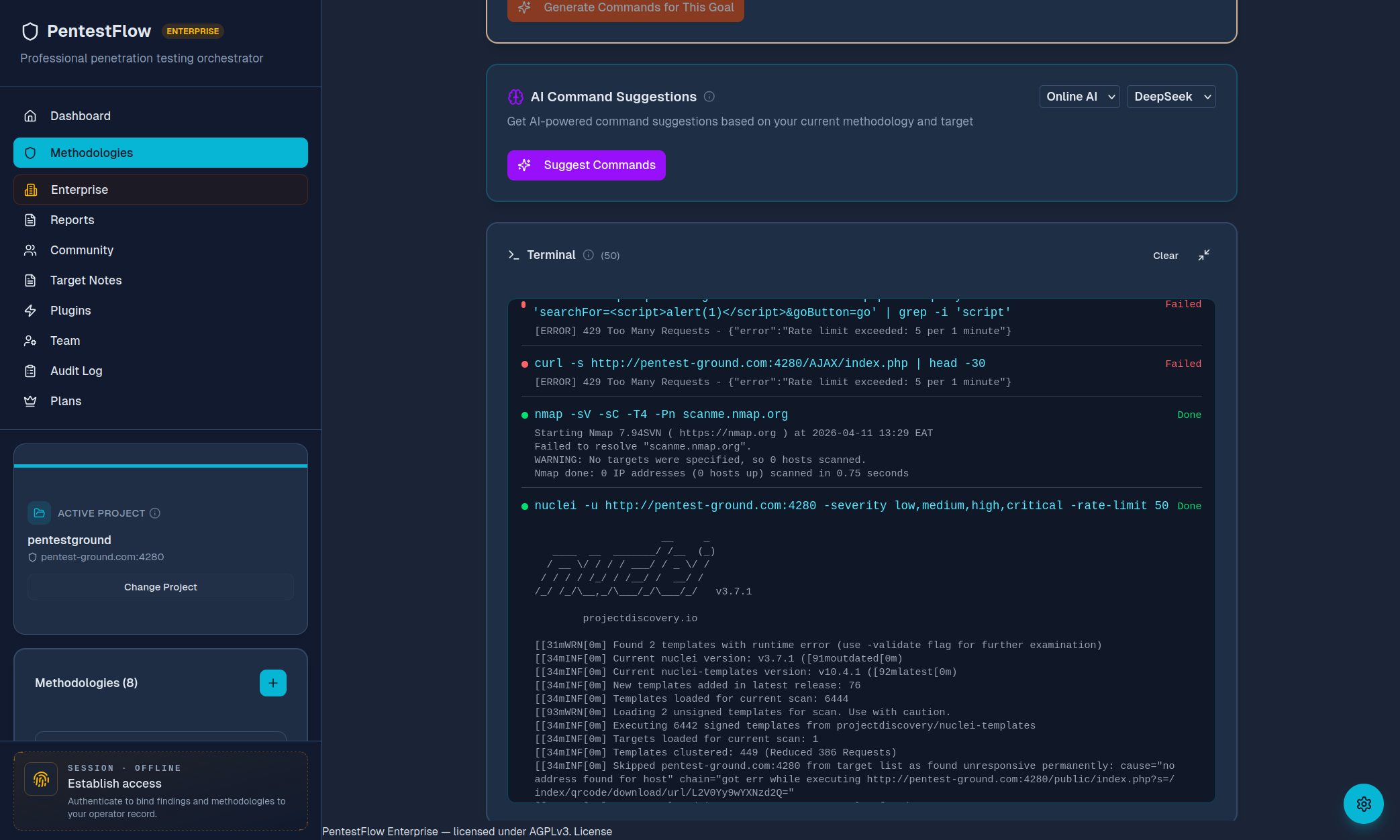 PentestFlow AI command suggestions panel above a live terminal that just ran nmap and nuclei against pentest-ground.com