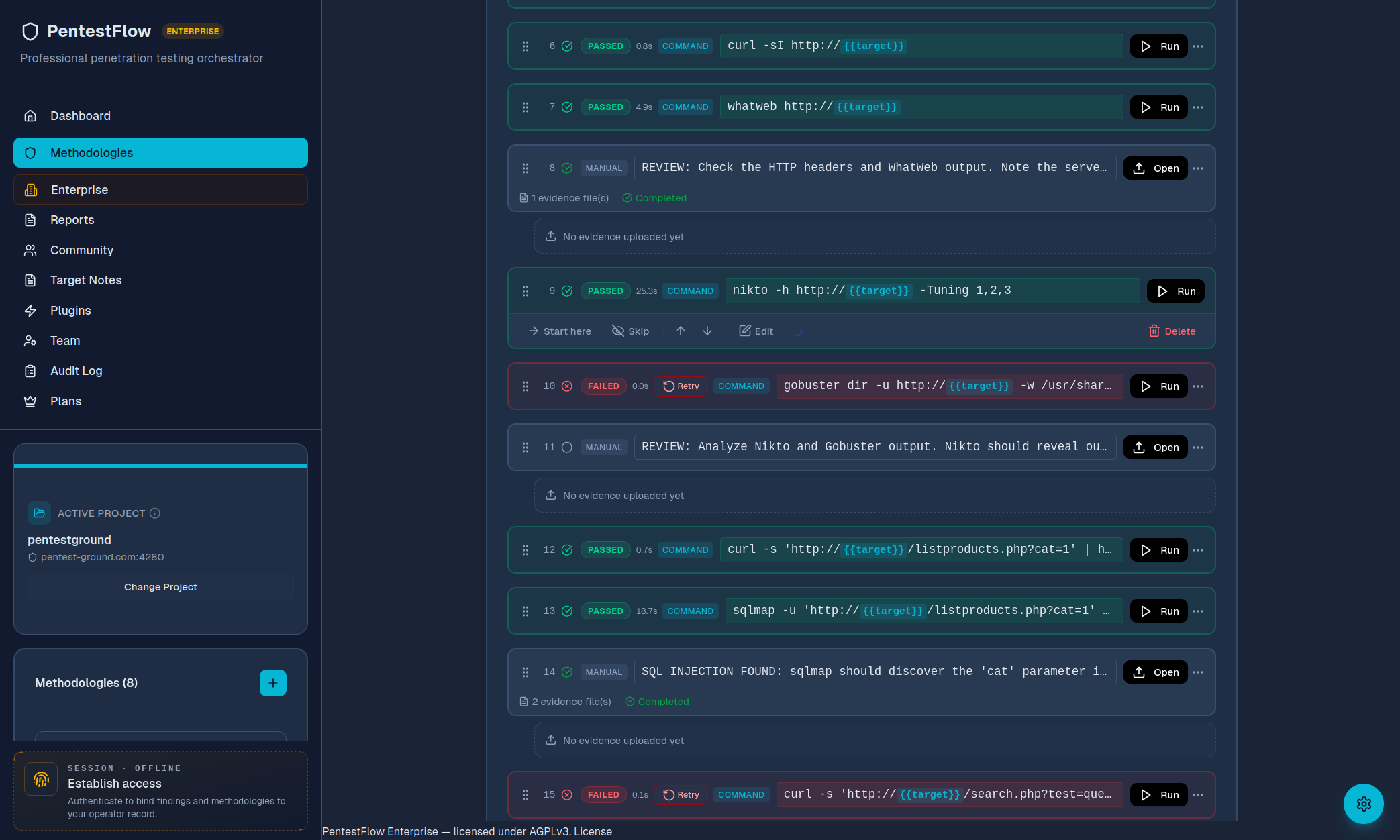 PentestFlow live methodology execution showing passed, failed, and manual review steps with curl, whatweb, nikto, gobuster, and sqlmap commands