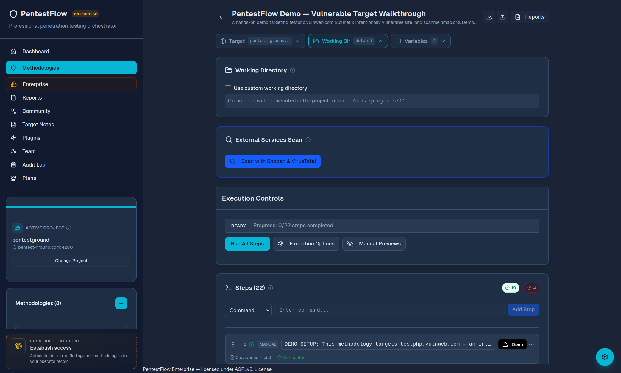 PentestFlow methodology view with working directory, external services scan controls, and an ordered list of methodology steps